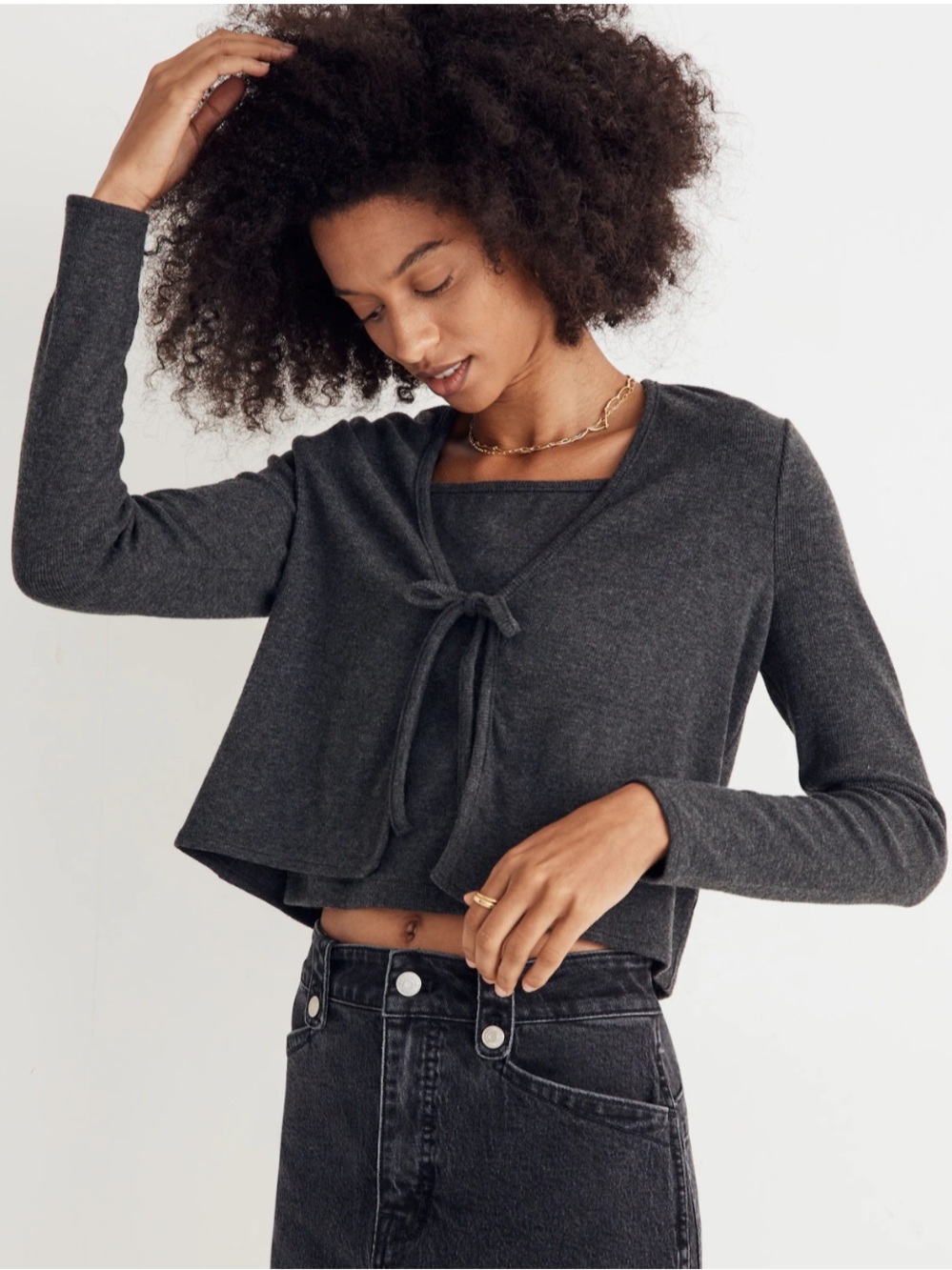 Madewell Charcoal Gray Cropped Tie-Front Cardigan
